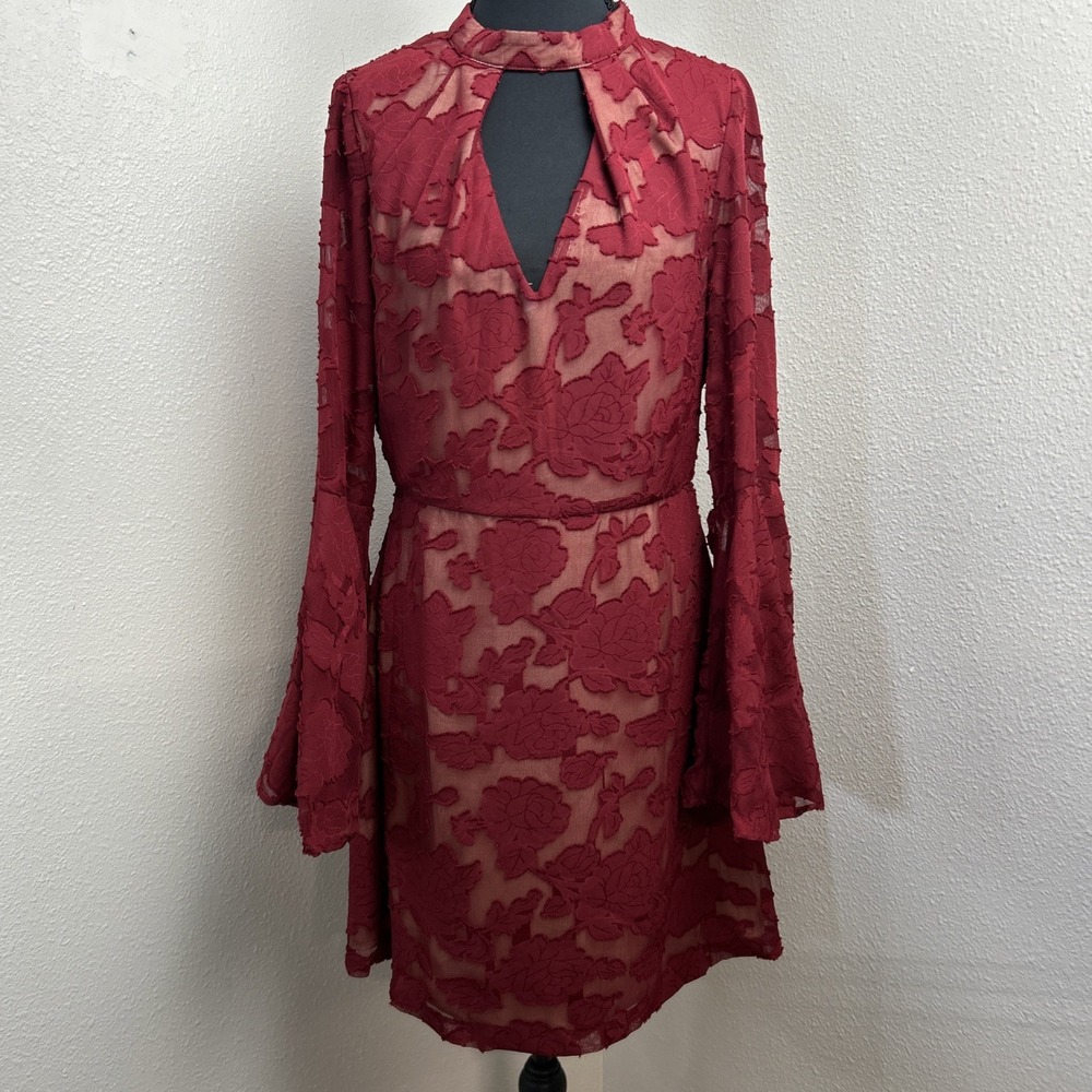 Lucy Paris Dress Women's M Maroon & Tan Underlay Floral Embroidered Bell Sleeve